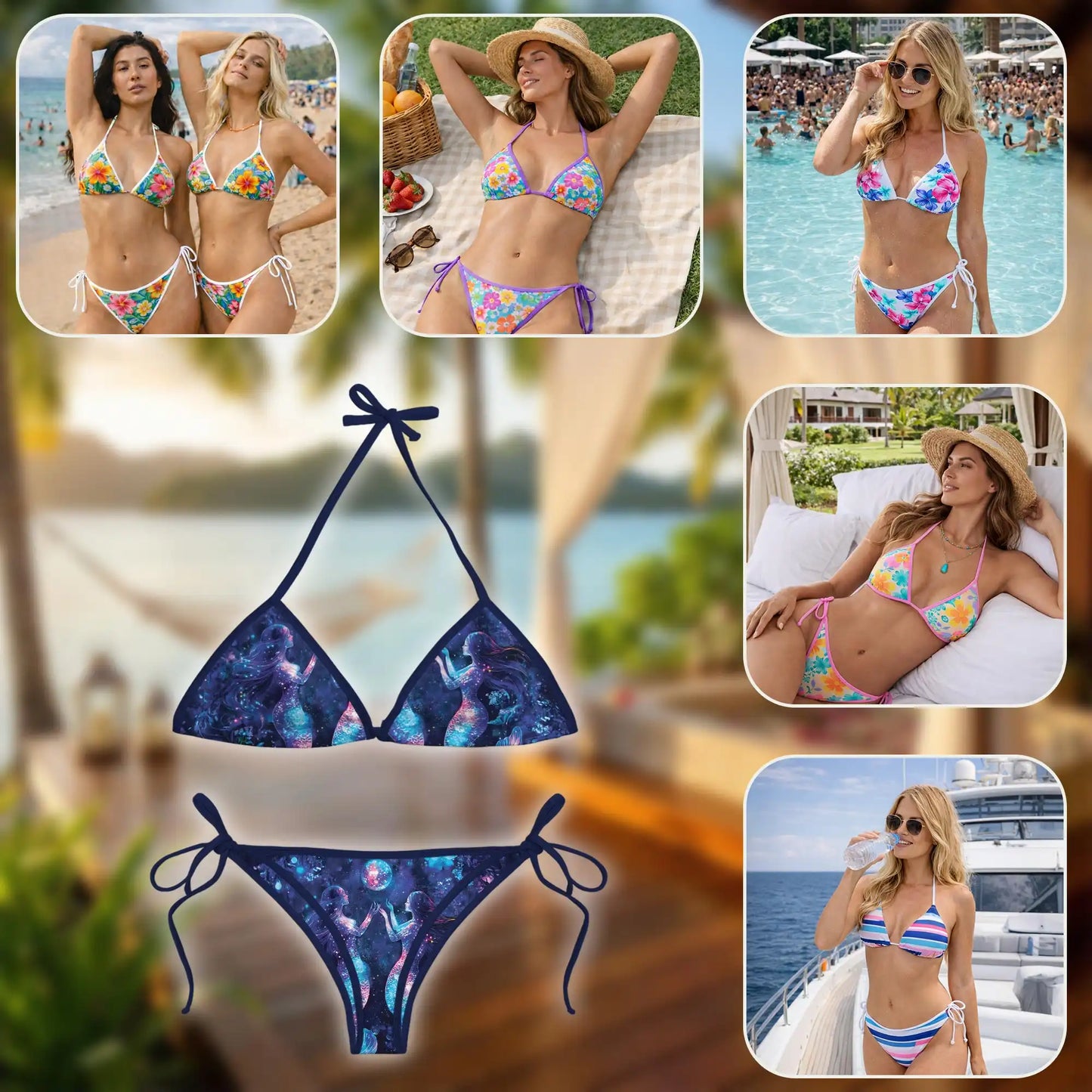 Floral Mermaid Black Bikini Set, Dark Fantasy Two Piece Swimsuit | Azhawaiian