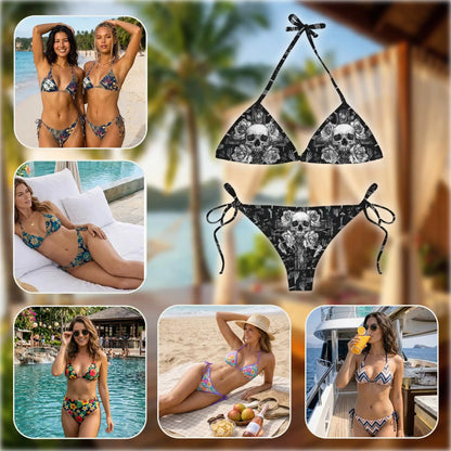 Skull Roses Bikini Set for Women, Two Piece Swimsuit, Gothic Floral Beachwear | Azhawaiian