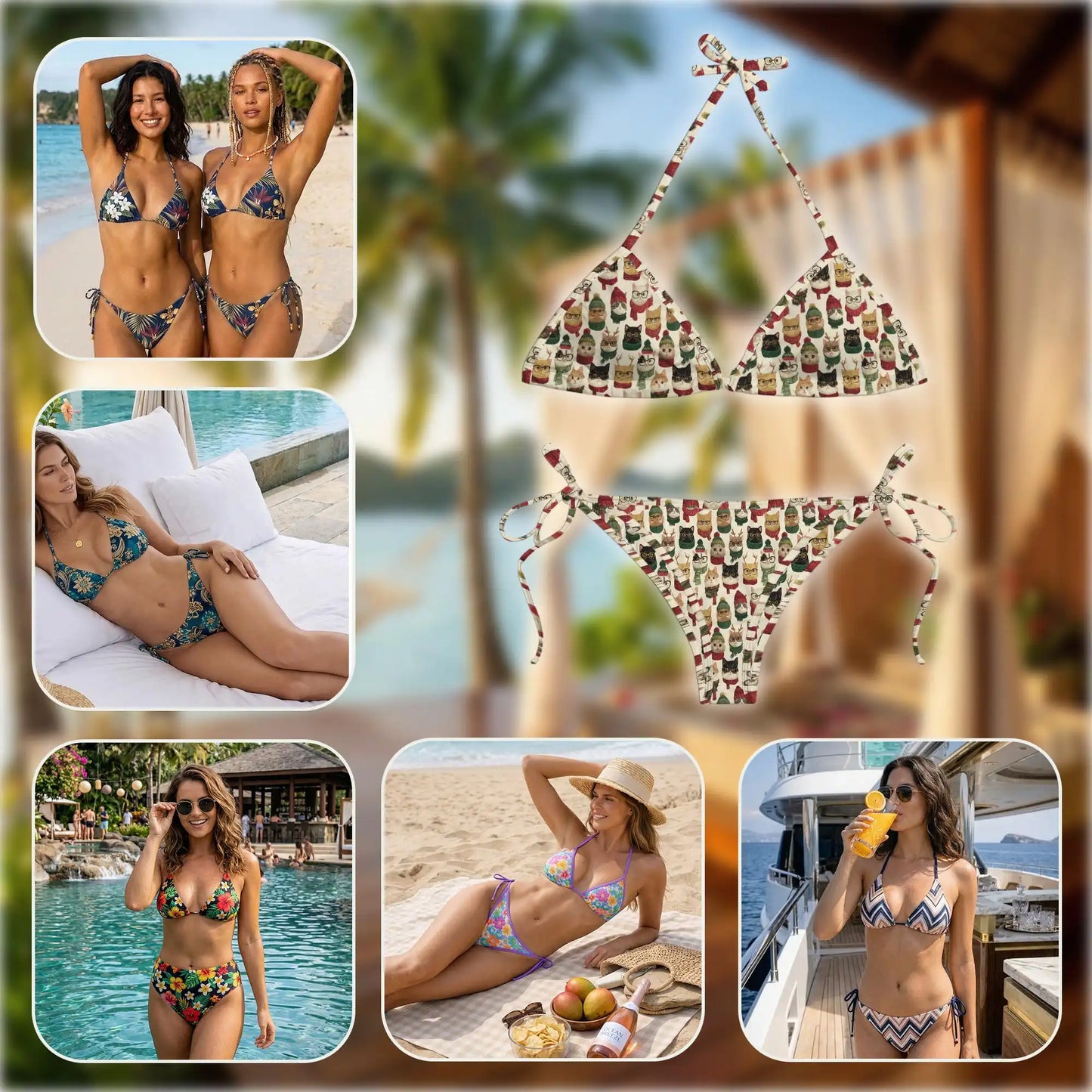 Christmas Cat Bikini Set for Women, Two Piece Swimsuit, Holiday Cat Beachwear | Azhawaiian