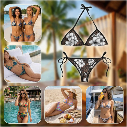 Plumeria Tribe Bikini Set for Women, Two Piece Swimsuit, Tribal Floral Beachwear | Azhawaiian