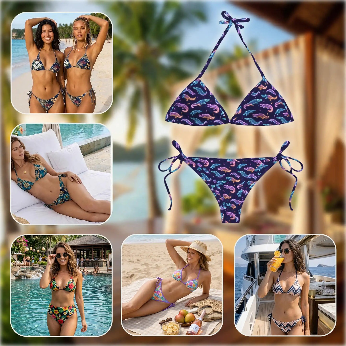 Neon Crocodile Bikini Set for Women, Two Piece Swimsuit, Neon Reptile Beachwear | Azhawaiian