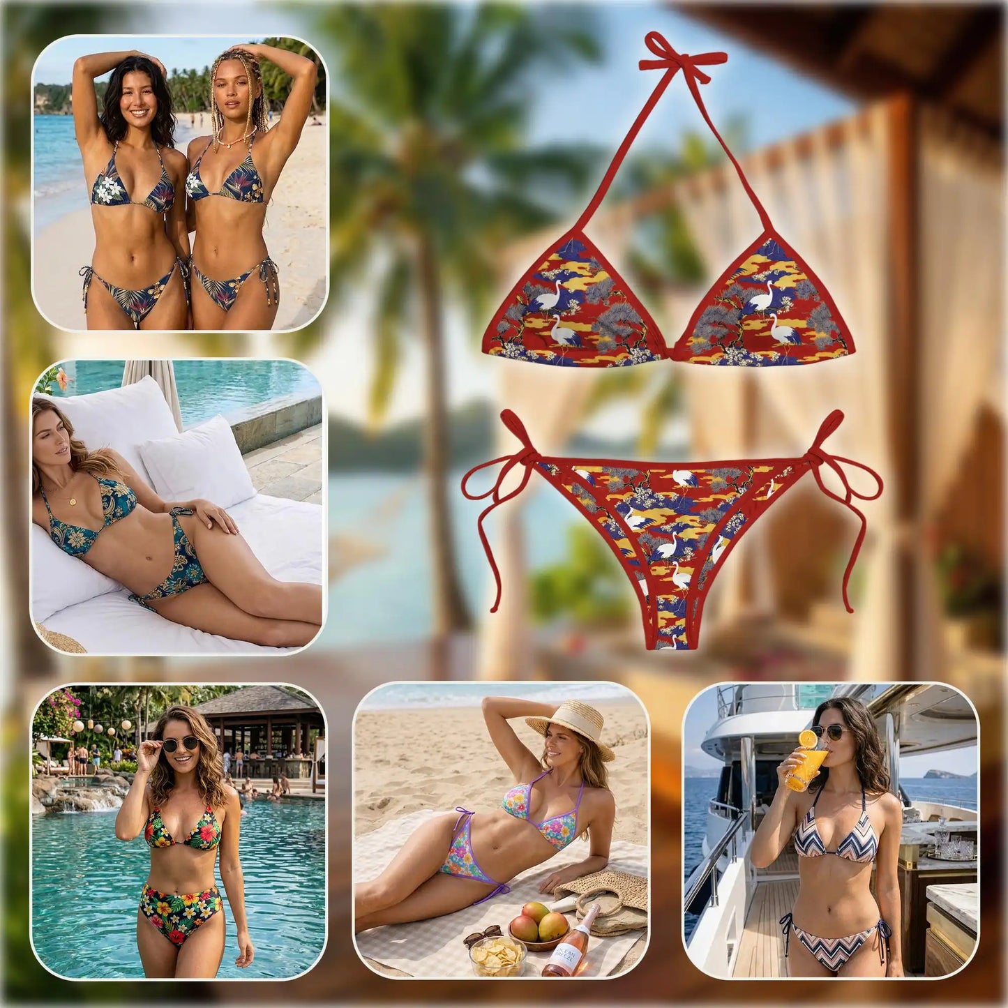 Sakura Redheaded Crane Bikini Set for Women, Two Piece Swimsuit, Japanese Art Beachwear | Azhawaiian