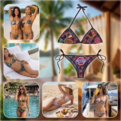 Neon Pizza Bikini Set for Women, Two Piece Swimsuit, Retro Food Beachwear | Azhawaiian