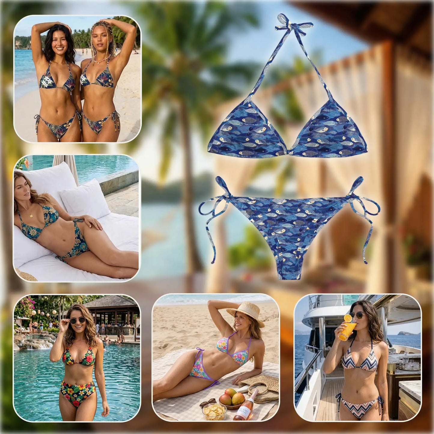 Fish Pattern Blue Bikini Set for Women, Two Piece Swimsuit, Ocean Beachwear | Azhawaiian