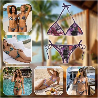 Ukiyoe Sakura Bikini Set for Women, Two Piece Swimsuit, Japanese Art Beachwear | Azhawaiian