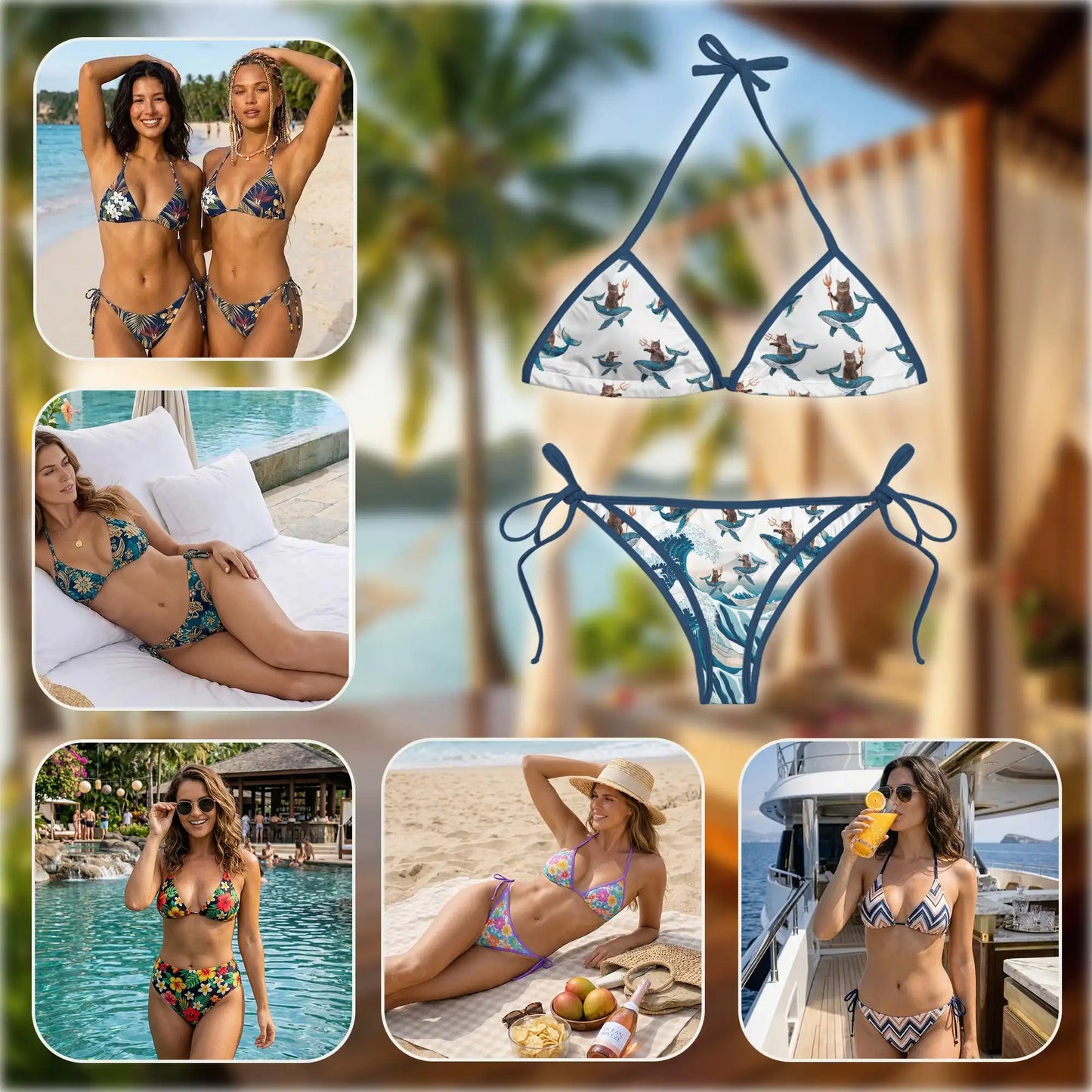 Cat Riding Whale Bikini Set for Women, Two Piece Swimsuit, Cute Ocean Animal Beachwear | Azhawaiian