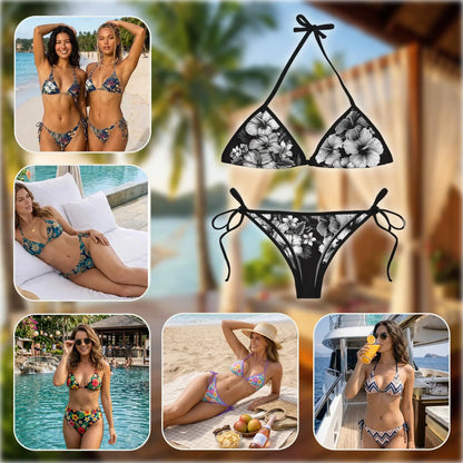 Black & White Hibiscus Bikini Set for Women, Two Piece Swimsuit, Tropical Floral Beachwear | Azhawaiian