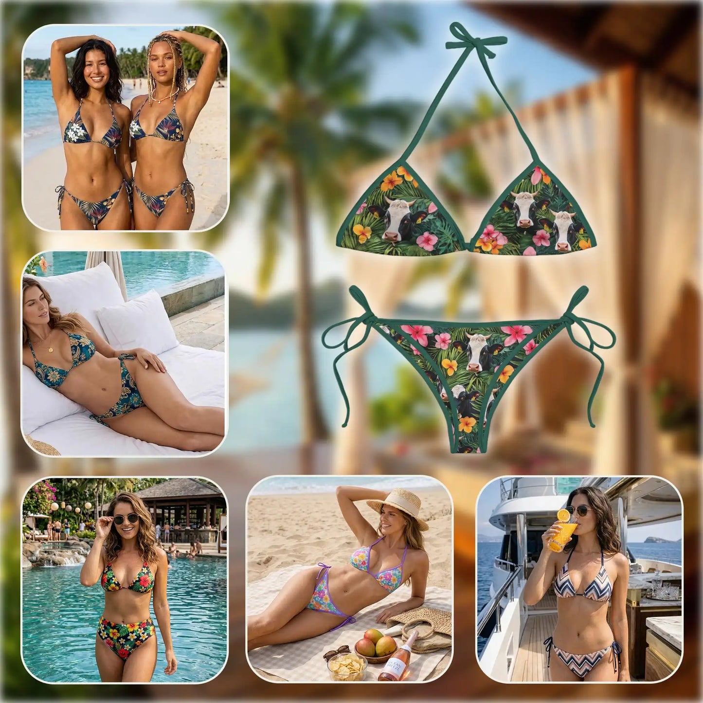 Tropical Holstein Cow Bikini Set for Women, Two Piece Swimsuit, Tropical Farm Animal Beachwear | Azhawaiian