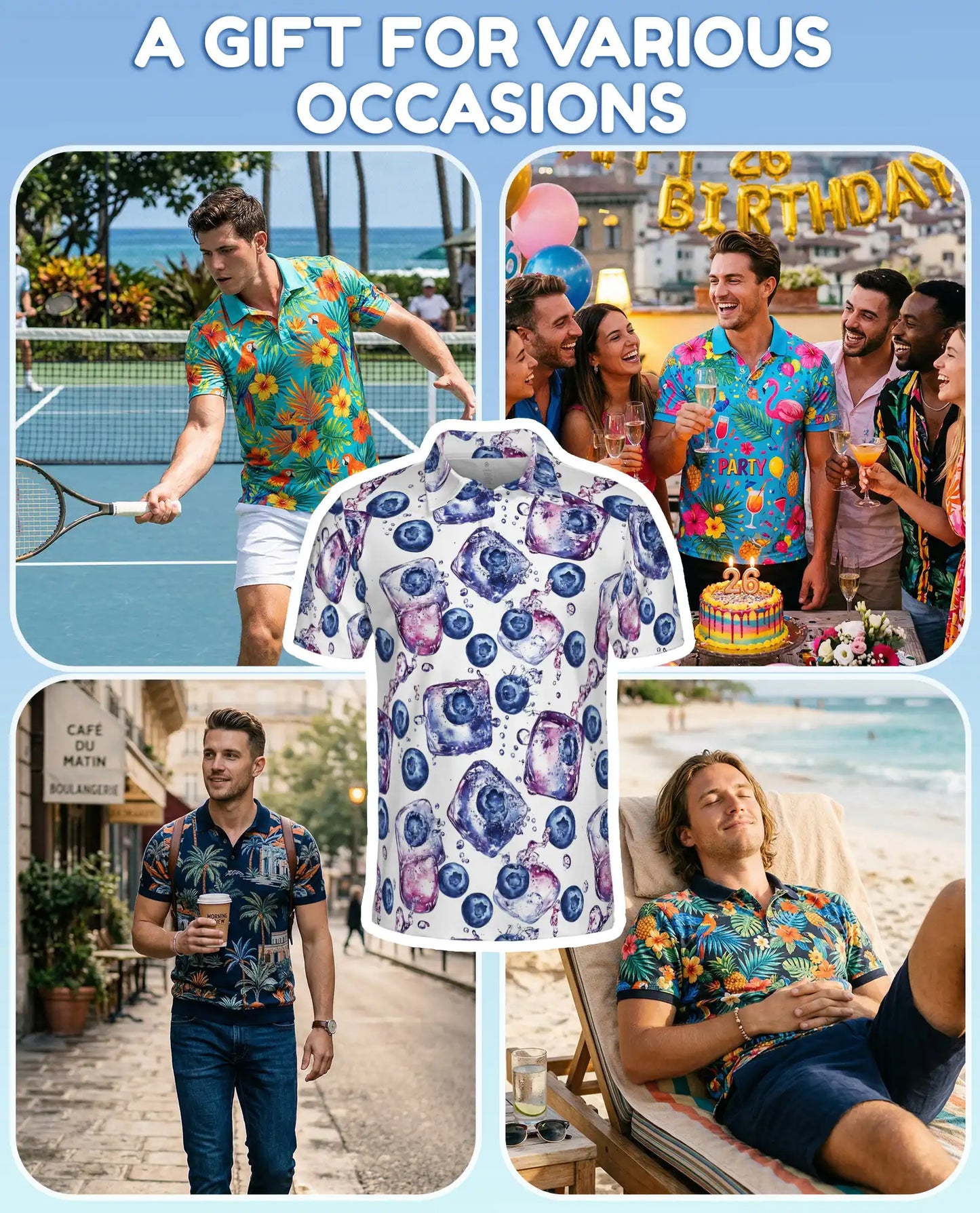 Blueberry Ice Polo Shirt for Men, Azhawaiian Hawaiian Summer Shirt | Azhawaiian