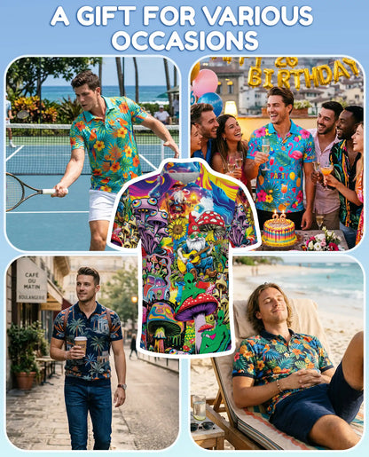 Mushroom Gnome Polo Shirt for Men, Colorful Alien Art | Azhawaiian