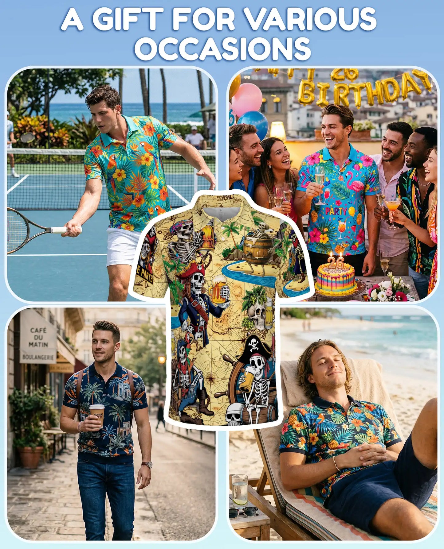 Skeleton Pirate Polo Shirt for Men, Treasure Map Party Style | Azhawaiian