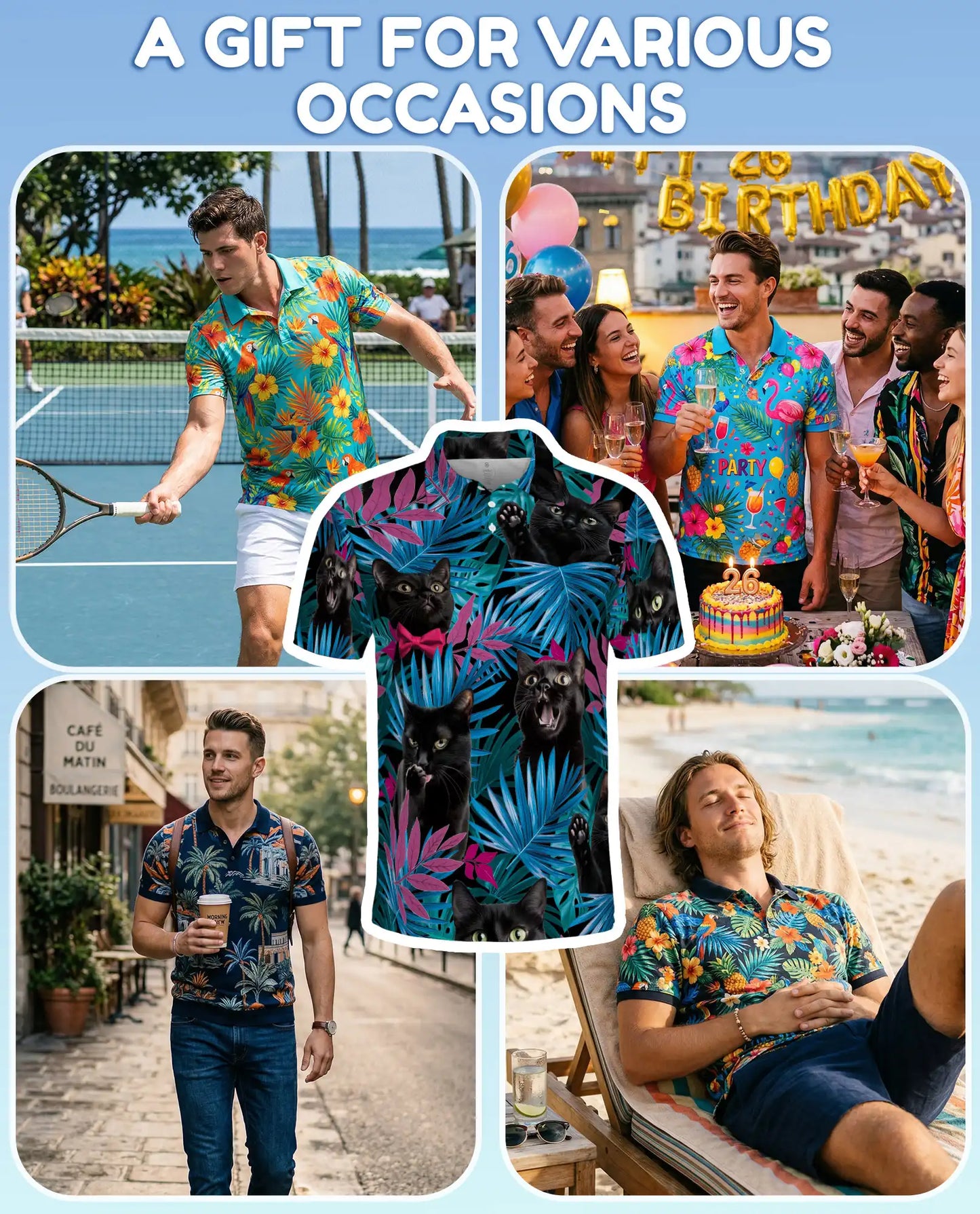 Black Cat Tropical Polo Shirt - Neon Jungle Kitty Style | Azhawaiian