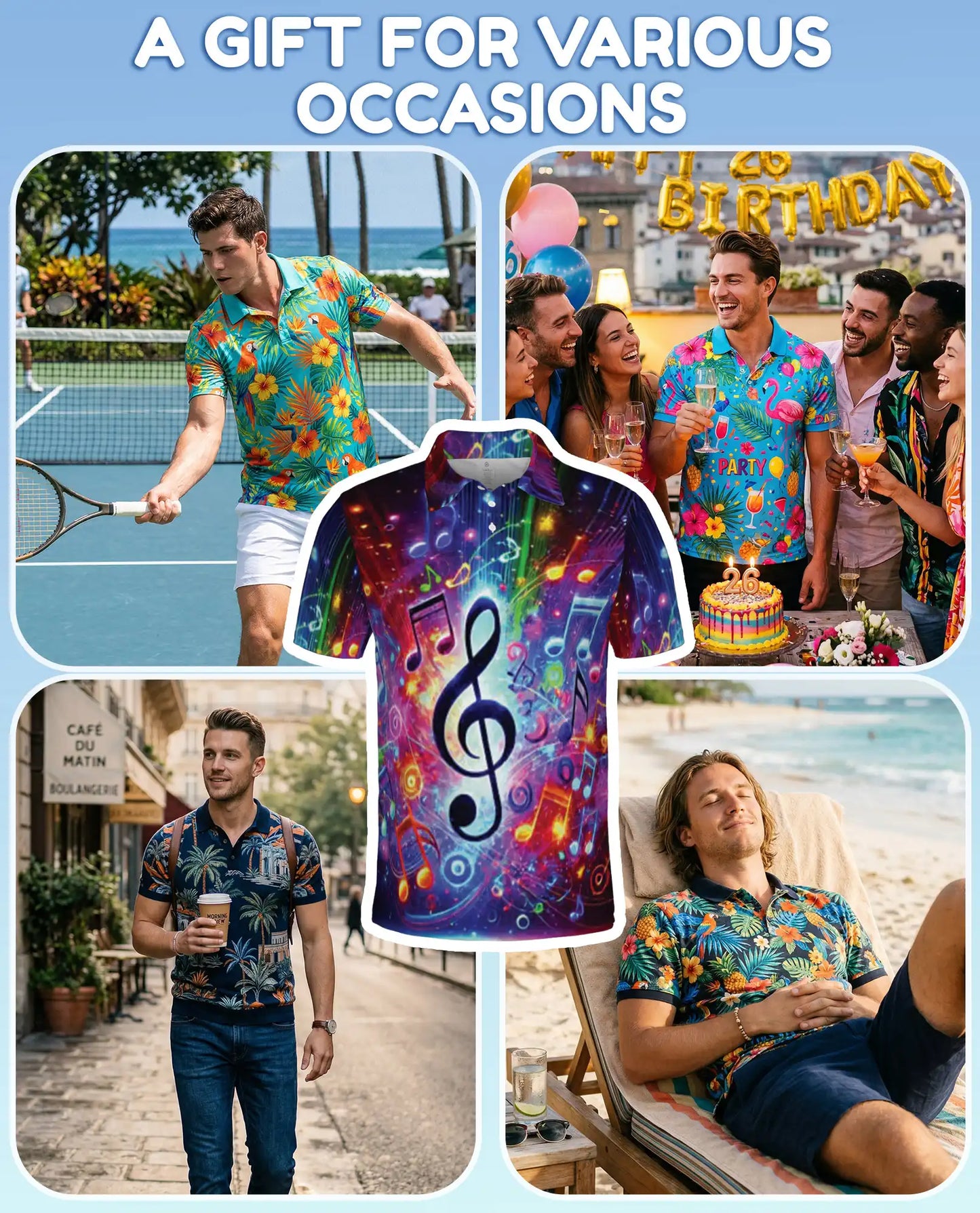 Music Notes Polo Shirt, Colorful Treble Clef Print | Azhawaiian