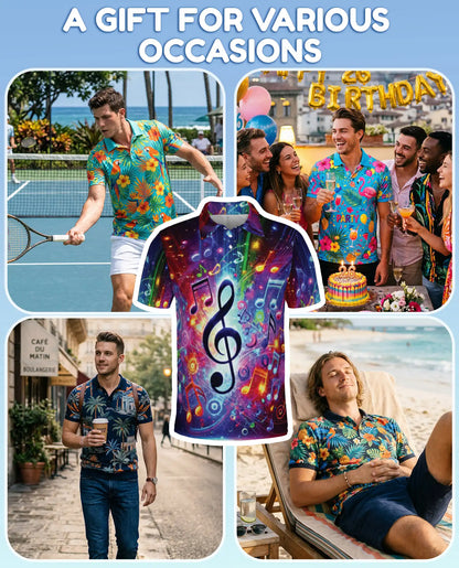 Music Notes Polo Shirt, Colorful Treble Clef Print | Azhawaiian