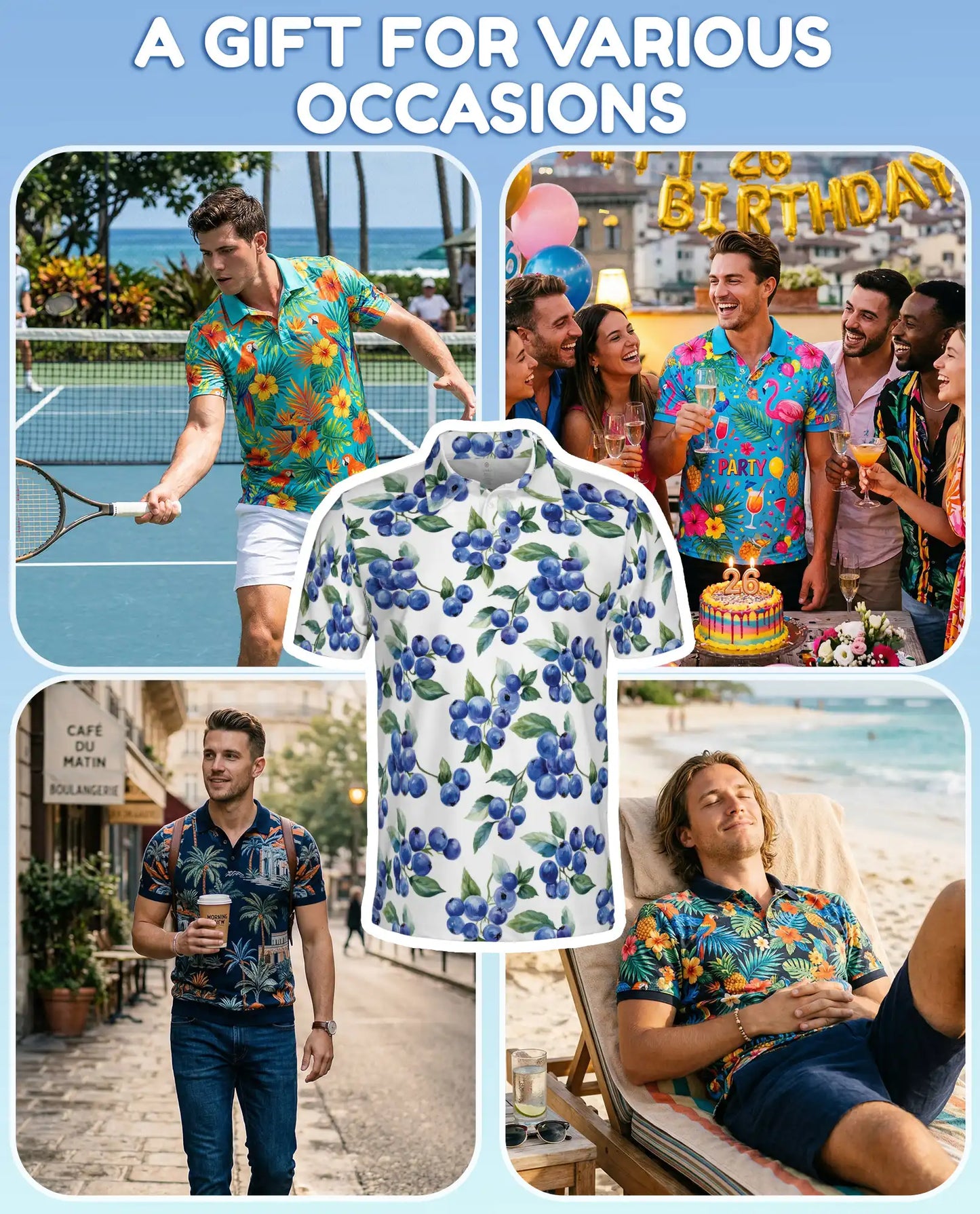 Blueberry Fruit Hawaiian Polo Shirt for Men, Tropical Summer Style | Azhawaiian