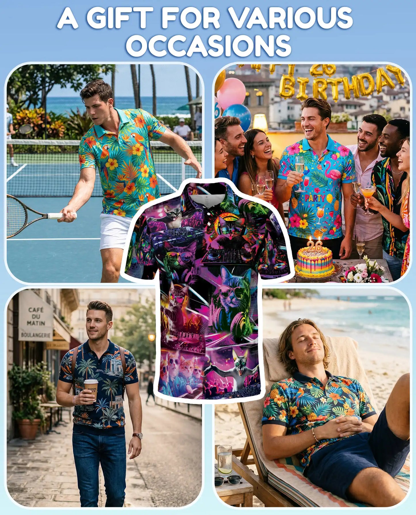 DJ Cat Party Polo Shirt for Men, Neon Music Festival Cat Print | Azhawaiian