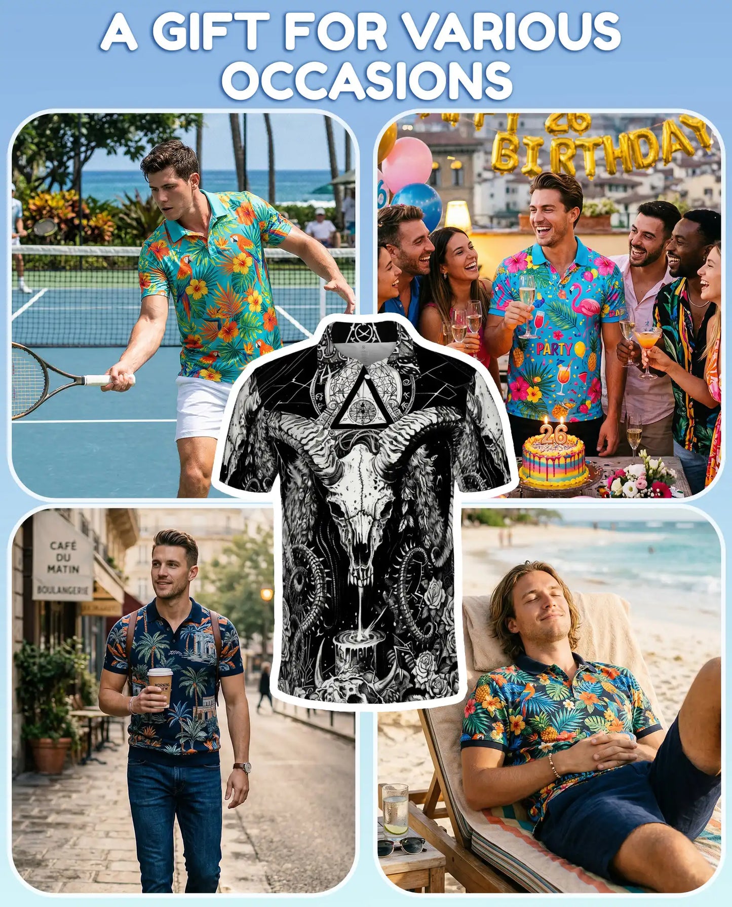 Dark Ram Skull Occult Polo Shirt for Men- Horror Black White Fantasy | Azhawaiian