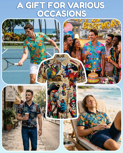 Pirate Parrot Polo Shirt for Men, Treasure Map Party Style | Azhawaiian