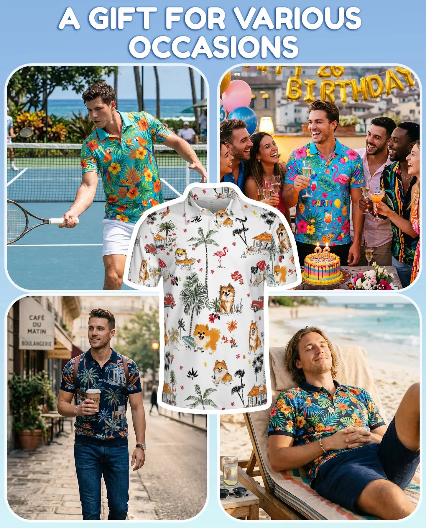 Tropical Cats Hawaiian Polo Shirt for Men, Colorful Island Design | Azhawaiian