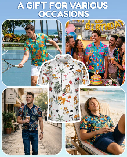 Tropical Cats Hawaiian Polo Shirt for Men, Colorful Island Design | Azhawaiian