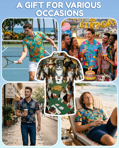 Cat Poker 3D Polo Shirt for Men, Fun Animal Card Game Print | Azhawaiian