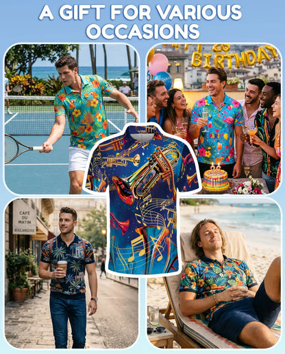 Trumpet Music Polo Shirt for Men, Jazz Band Style | Azhawaiian