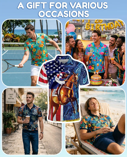 American Flag Horse Racing 3D Polo Shirt for Men | Azhawaiian