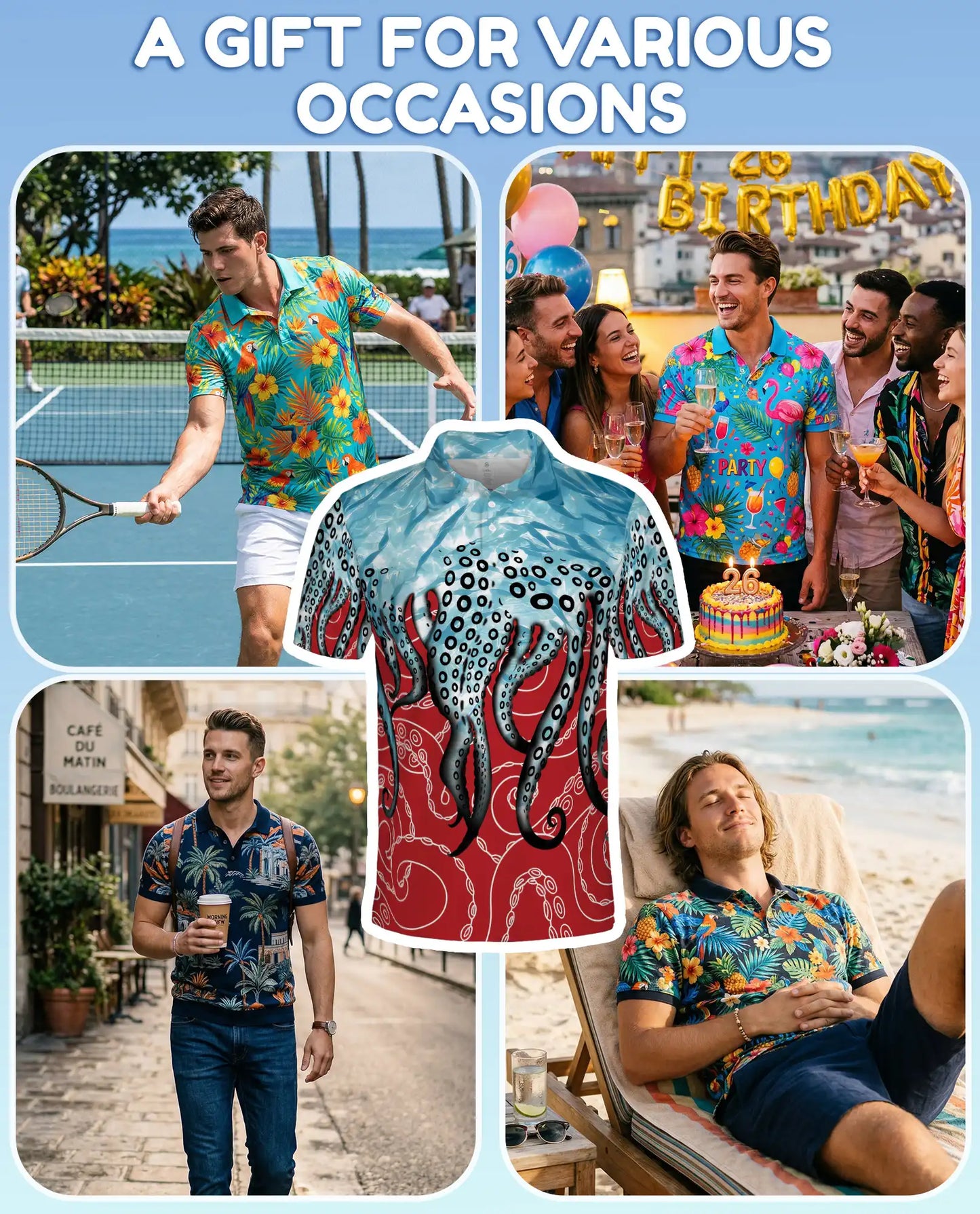 Octopus Tentacles Polo Shirt for Men, Colorful Ocean Design | Azhawaiian