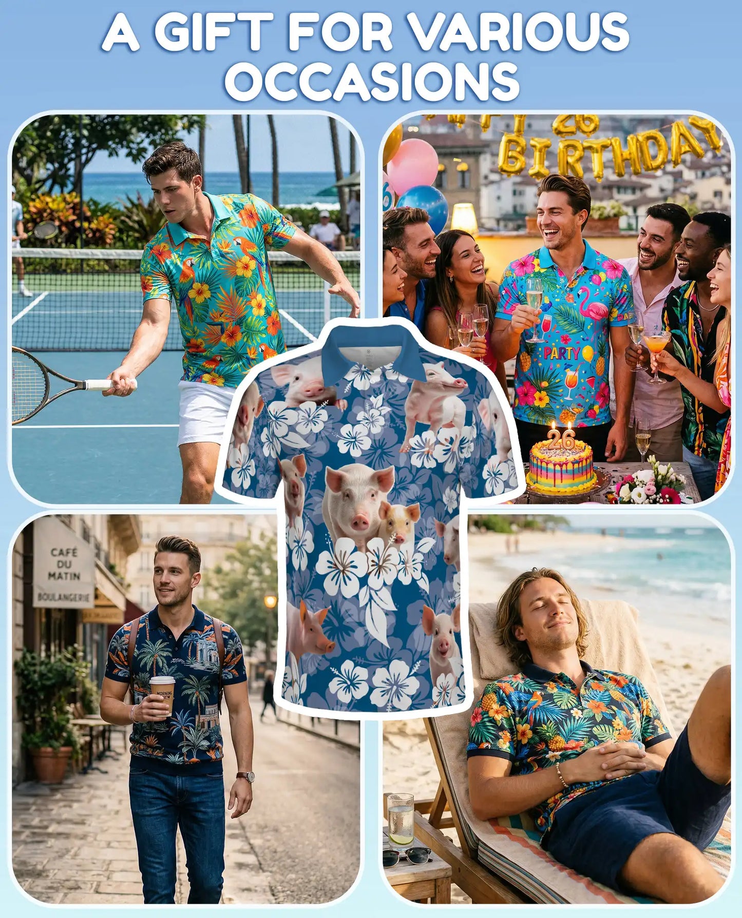 Pig Hawaiian Floral Polo Shirt for Men- Cute Farm Pig Tropical Flower | Azhawaiian