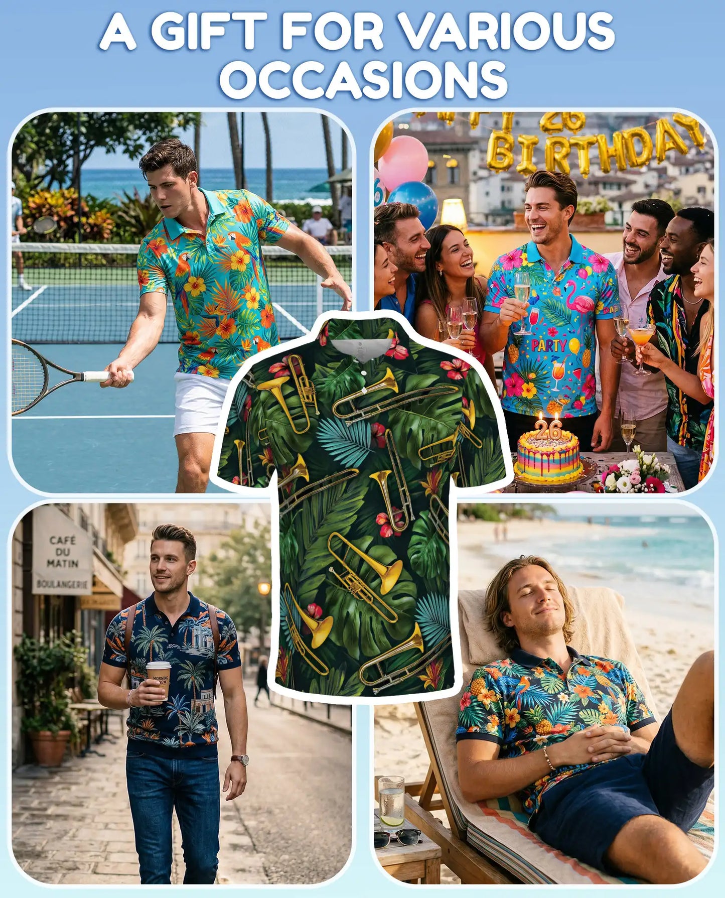 Tropical Trombone Polo Shirt - Brass Band Music Style | Azhawaiian