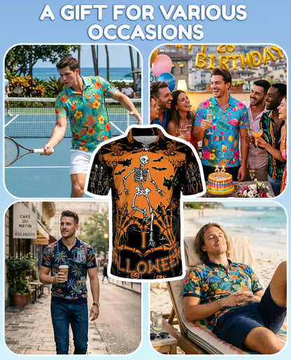 Halloween Skeleton Polo Shirt for Men, Spooky Party Style | Azhawaiian