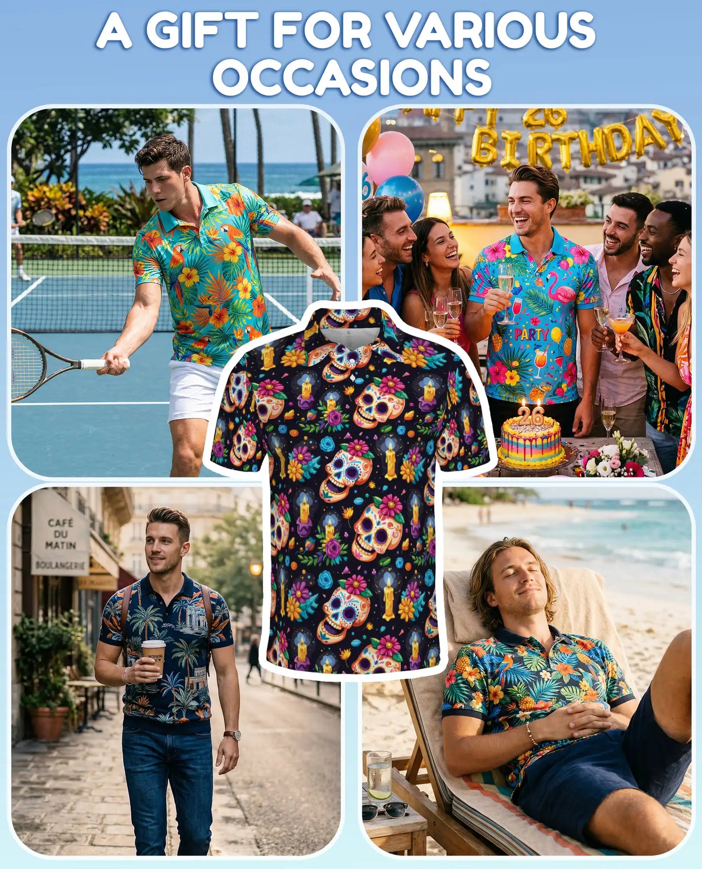 Sugar Skull Polo Shirt for Men, Day of the Dead Colorful Skull Print | Azhawaiian