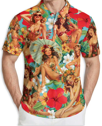 Tropical Pin Up Polo Shirt - Vintage Hawaiian Beauty Style | Azhawaiian