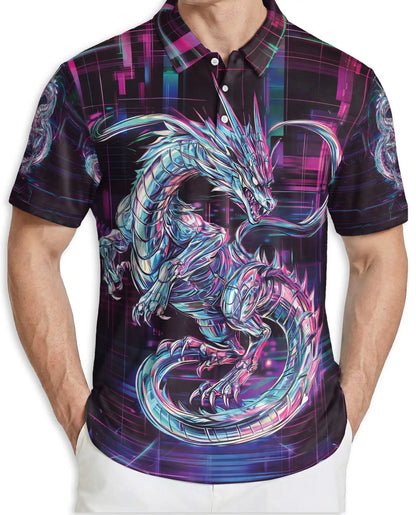 Cyber Dragon 3D Polo Shirt for Men, Neon Futuristic Fantasy Style | Azhawaiian