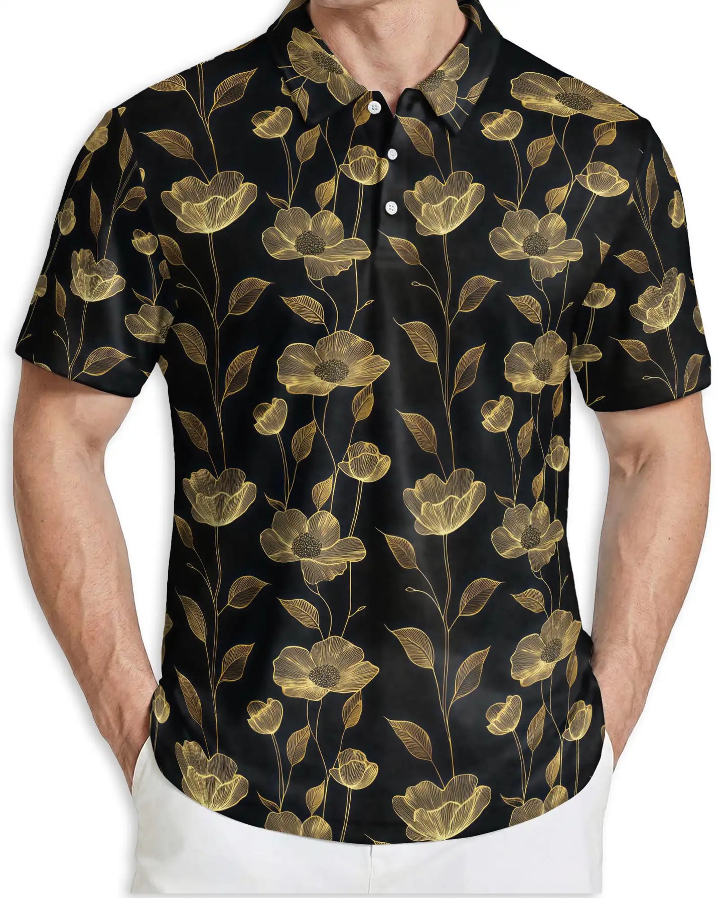 Elegant Gold Floral Polo Shirt for Men- Black Luxury  Pattern Shirt | Azhawaiian