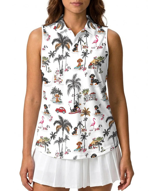Dachshund Beach Retro Sleeveless Polo Shirt for Women | Azhawaiian