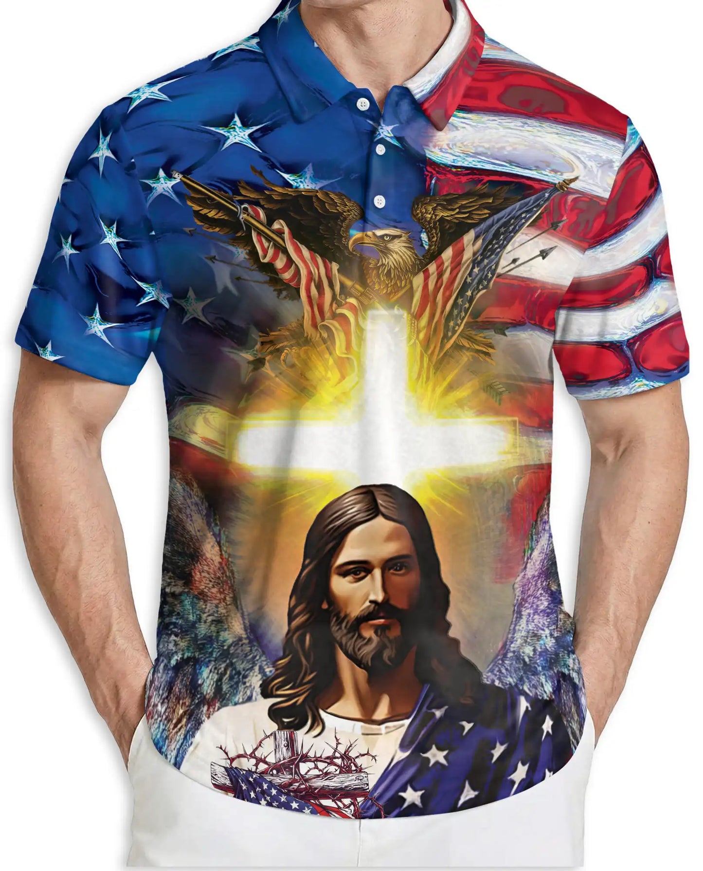 Jesus American Eagle 3D Polo Shirt for Men, Patriotic Christian Faith Style | Azhawaiian