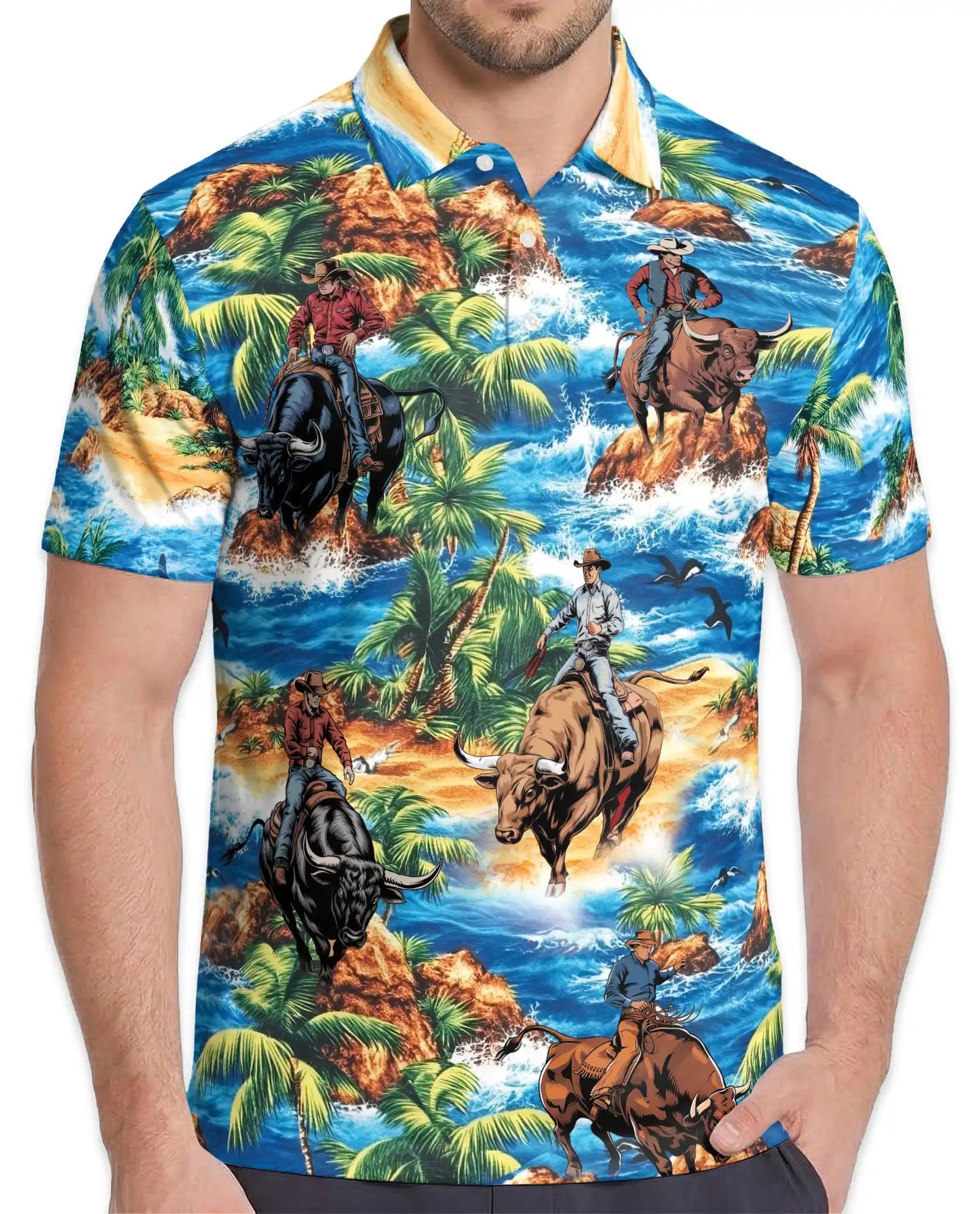 Tropical Rodeo Polo Shirt for Men - Cowboy Bull Riding | Azhawaiian