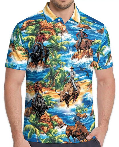 Tropical Rodeo Polo Shirt for Men - Cowboy Bull Riding | Azhawaiian