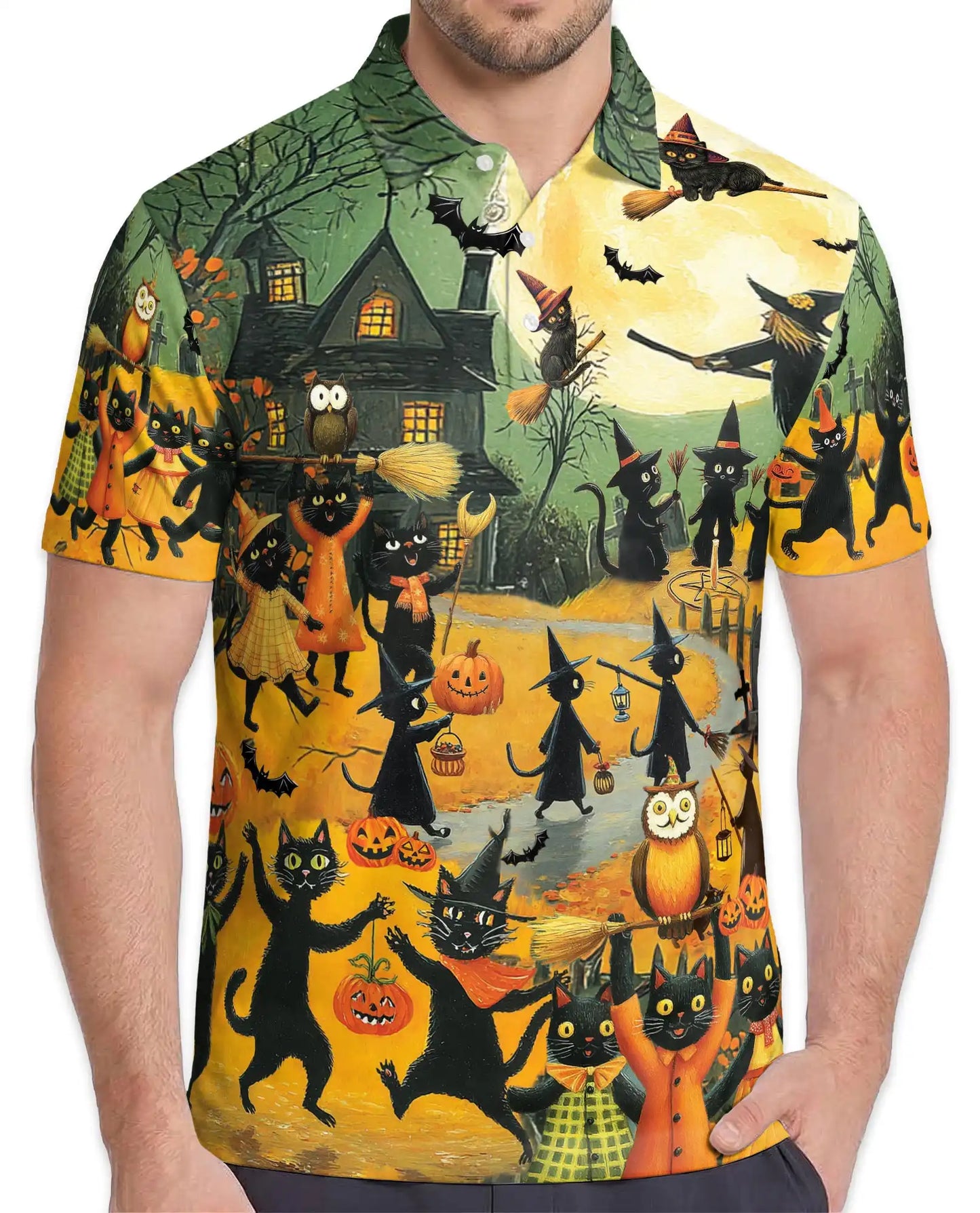 Halloween Cat Parade Polo Shirt for Men, Spooky Black Cats Print | Azhawaiian