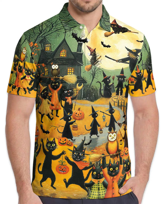Halloween Cat Parade Polo Shirt for Men, Spooky Black Cats Print | Azhawaiian