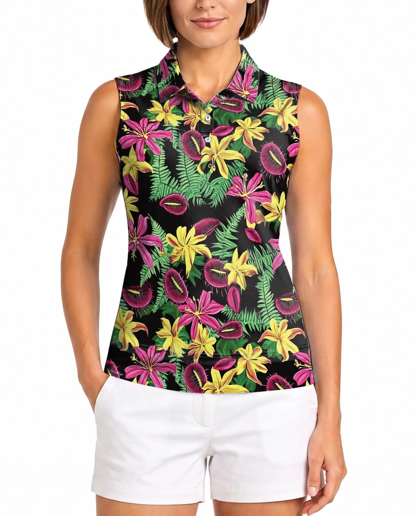 Venus Flytrap Pattern Sleeveless Polo Shirt for Women | Azhawaiian