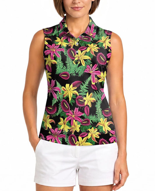 Venus Flytrap Pattern Sleeveless Polo Shirt for Women | Azhawaiian