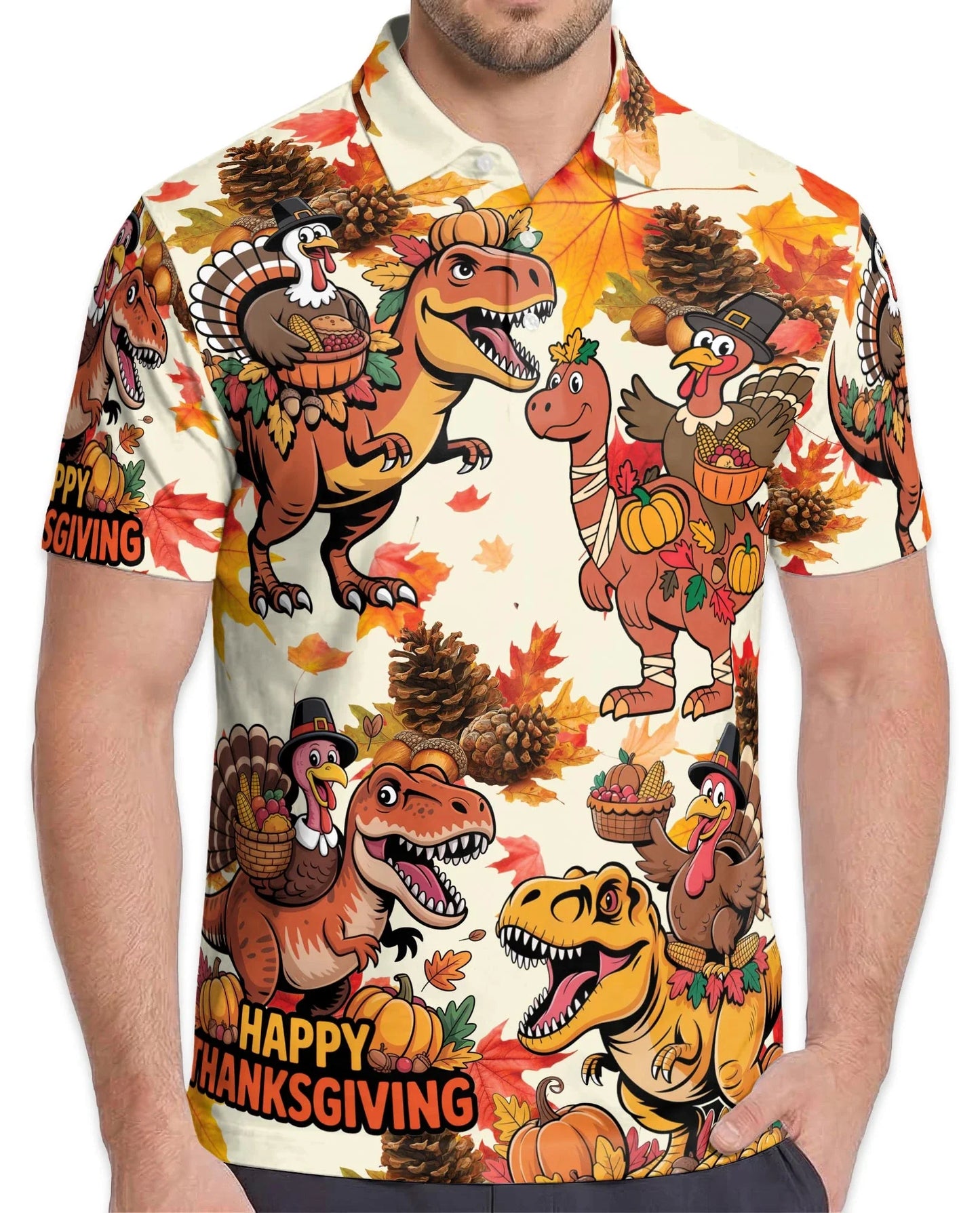 Thanksgiving Dinosaur Turkey Polo Shirt for Men, Funny Holiday Style | Azhawaiian