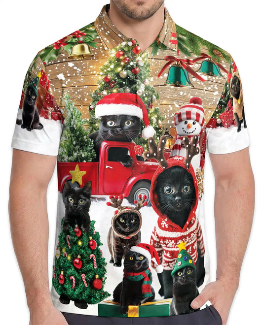 Black Cat Christmas Polo Shirt - Cozy Holiday Winter Style | Azhawaiian