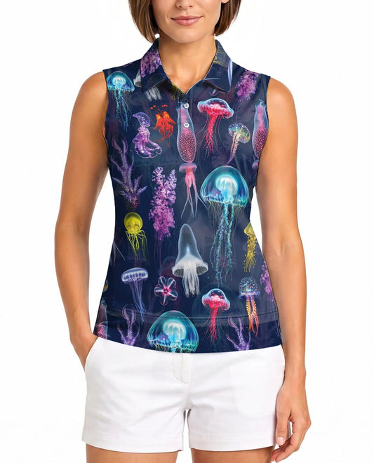 Luminescent Jellyfish Sleeveless Polo Shirt for Women, Ocean Glow Style | Azhawaiian