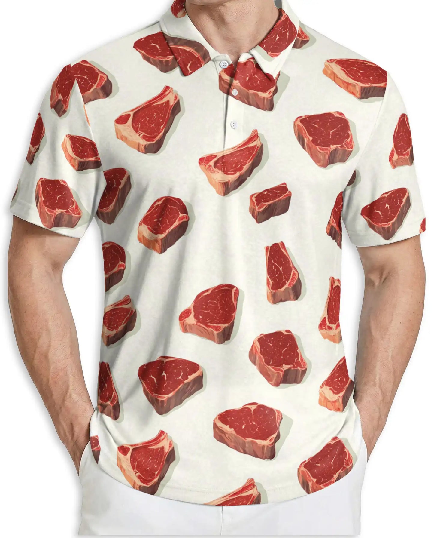 Steak BBQ Polo Shirt, Funny Meat Print | Azhawaiian
