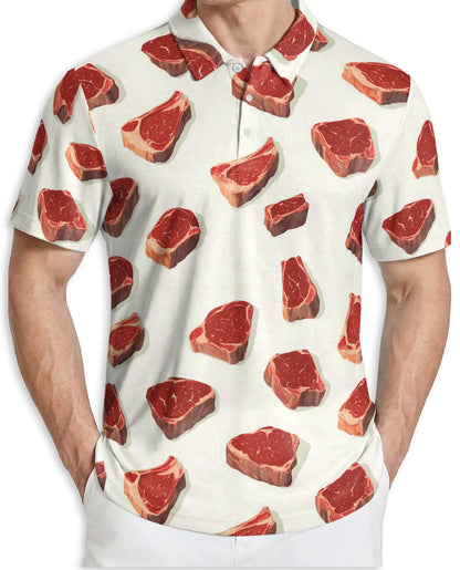Steak BBQ Polo Shirt, Funny Meat Print | Azhawaiian