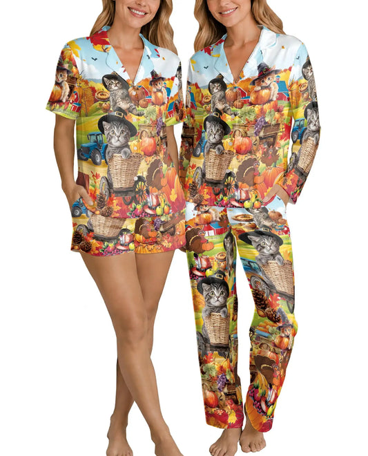 Thanksgiving Farm Cat Pajama Set for Women – Pumpkin Harvest Print