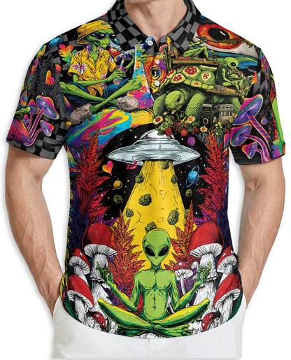 Psychedelic Alien Polo Shirt, Cosmic UFO Hippie Style | Azhawaiian